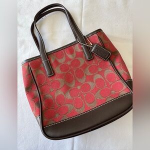 Coach Signature Canvas Mini Tote in Red with Brown Trim